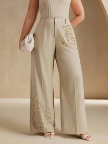 Anewsta Plus Size Fashionable Beaded Women Pants Fall - Cream - View 1