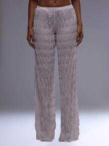 MUSERA Ruched Textured Straight Leg Trouser Summer 90's Boho Elegant Holiday Casual - White - View 2