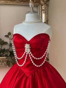 SHEIN Belle 优雅华丽的红色仿珍珠链装饰胸泡泡筒连衣裙适合圣诞晚宴单身派对约会生日婚礼、返校季舞会礼服、婚礼宾客礼服 - 紅色 - 查看 2