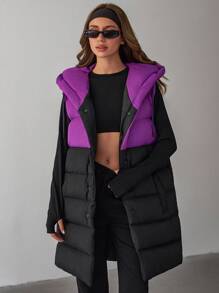 EURMUSE Padded Jacket Contrast Up And Drawstring With Hood And Pockets, Casual Vests - Multicolor - View 1