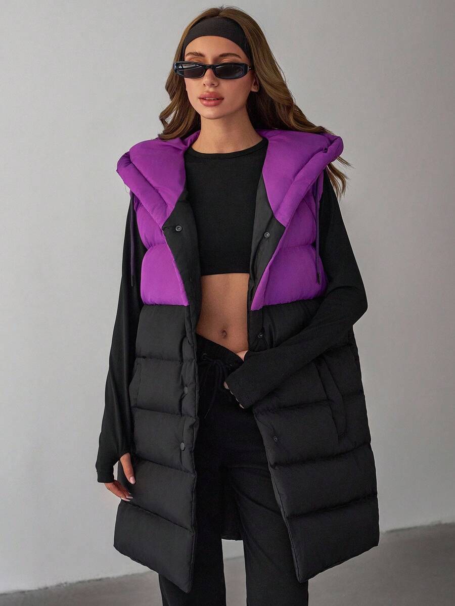 EURMUSE Padded Jacket Contrast Up And Drawstring With Hood And Pockets, Casual Vests - Multicolor - View 1