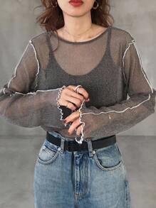 FRIFUL Women's Round Neck Long Sleeve Contrast Color Line Decor Loose Casual Sheer Mesh Fabric Layered Top, Autumn