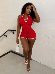 Alexandranx Women's Sexy Backless Halter Playsuit - Red - View 1