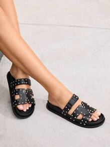 HighSole Mules de Mulher Moda Preta Simples com Tachas de Metal, Sola Grossa de Duas Camadas, Confortável, Adequado para Ir ao Trabalho, Encontros, Festas e Outras Ocasiões