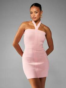 MISSGUIDED Halter Neck Bandage Mini Dress Form Fitting Bodycon Party Club Night Out Wedding Guest Evening Special Occasion Sleeveless Summer Spring - Pink - View 1