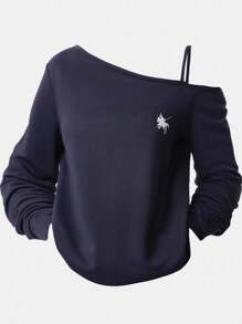 Girlism Navy Blue Off Shoulder Sweatshirt For Teen Girls With Asymmetrical Neckline Navy Blue Sweater Off The Shoulder Top Blue Sweater Navy Blue Top Girls Navy Top,In Fall/Winter