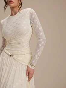 Modelyn 女士蝴蝶结网眼圆领长袖褶饰优雅连衣裙 - 白色 - 查看 2