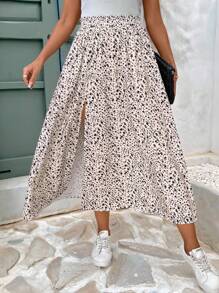 SHEIN Frenchy Women's Floral Printed Elastic High Waist Side Slit Skirt With Ruffle Trim,Bridgerton Winter