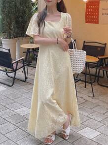 DAZY Elegant Creamy Yellow Lace Collar & Ruffle Sleeve Mid-Length Dress For Women Dress - Light Yellow - View 10
