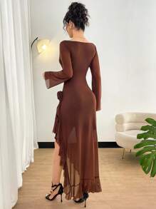 Modelyn Gaun Wanita Elegan Warna Cokelat Kopi Polos dengan Hem Bergelombang dan Belahan Tinggi untuk Musim Gugur, Gaun untuk Acara Pernikahan, Makan Malam, Kencan, dan Acara Lainnya - Coffee Brown - View 6