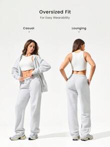 GLOWMODE 30'' Everyday Fleece Wide Leg Adjustable Drawstring Waist Basic Joggers Sweatpants With Side Pockets Daily Casual Fall Winter - Light Grey - View 2