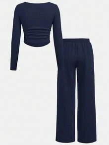 Girlism 青少年女孩返校运动休闲街头服饰，海军蓝色长袖短款 T 恤，褶饰设计，直筒运动裤，秋冬 - 藏蓝色 - 查看 2