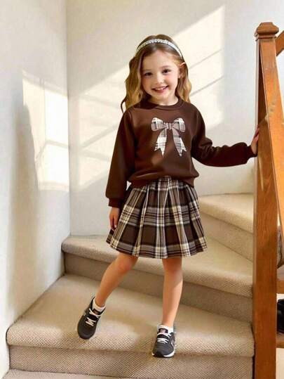 Elladie kids 2 件套女童儿童休闲运动卫衣，蝴蝶结印花和格子荷叶边裙套装，适合日常、返校、街头服饰