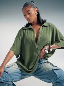 Denimoi Áo thun tay ngắn cổ bẻ rộng quá khổ - xanh quân đội - Xem 3