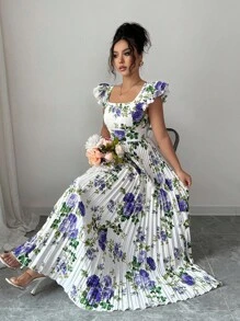 Selianne 女士印花方领荷叶袖褶裥下摆连衣裙，优雅度假之选