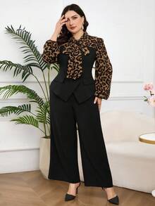 Modelyn 大码女式豹纹领带灯笼袖衬衫和裤子优雅两件套 - 黑色 - 查看 4