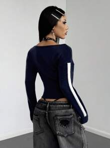 StreetHx 新款秋冬字母提花针织性感露肩休闲街头风毛衣，藏青色 - 藏蓝色 - 查看 2