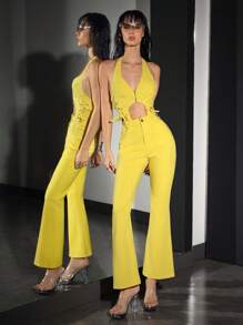 SHEIN EZwear 女式性感露背镂空设计侧系带牛仔连体裤 - 黃色 - 查看 2