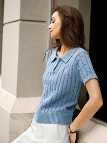 Hanevo 女式休闲学院风麻花针织短袖毛衣上衣 - 藍色 - 查看 4