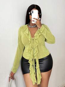 Maweii Camiseta de manga larga ajustada con volantes, abertura delantera y bajo asimétrico para mujeres de talla grande, ropa de otoño para mujeres - Verde - Ver 4