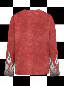 Studio Chunk Red, Distressed, Cross, Metal Chain, Ombre Flame, Halloween, Dark, Streetwear, Y2K, Casual Women's Loose Fit Crew Neck Long Sleeve T-Shirt, Suitable For Autumn/Winter, Party, Club, Daily Wear - Red - View 2
