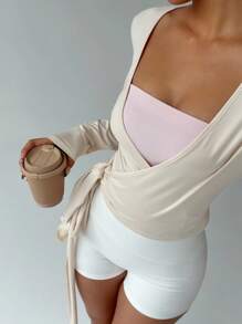 FavEase Cárdigan envolvente rosa para yoga, camiseta superior ceñida de manga larga con cuello en V, suave y elástica, diseño minimalista elegante que combina con todo, esencial para primavera/otoño - Albaricoque - Ver 3