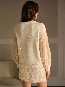 MOTF PREMIUM SUÉTER ROMÁNTICO CON BORDADO DE LENTEJUELAS Y PARCHES EN LAS MANGAS, ADECUADO PARA CITAS DE OTOÑO/INVIERNO - Beis - Ver 4