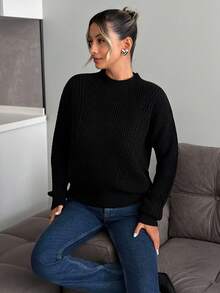 SHEIN Tall Suéter casual de malha canelada tamanho grande para mulheres, cor sólida - Preto - Ver 3