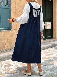 SHEIN Maternity Fall Autumn Back To School Homecoming Halloween Y2k Cute Birthday Outfit Night Out Going Out Club Outfit Airport Outfit Business Casual Woman Country Vintage Modest Old Money Business Casual Woman Work Clothes Teacher Outfits For Women Church Outfits Women Solid Color Casual Sleeveless Blue Denim Dress Can Be Worn In Two Ways: Front Or Back - Blue - View 5