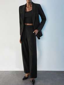 Maija Bộ đồ công sở 2 mảnh màu đen trơn thời trang tối giản thoải mái khi đi làm hàng ngày, trang phục chuyên nghiệp, áo khoác dài tay và quần ống rộng có khóa kéo, cạp chun thoải mái, thường ngày cho công sở - màu đen - Xem 6