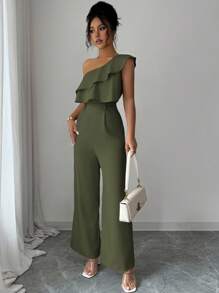 Elenzga Women's Vacation Style Office Commute Beach Party Oblique Shoulder Double Ruffle Waist Straight Loose Jumpsuit, Suitable For Spring/Summer - Army Green - View 7