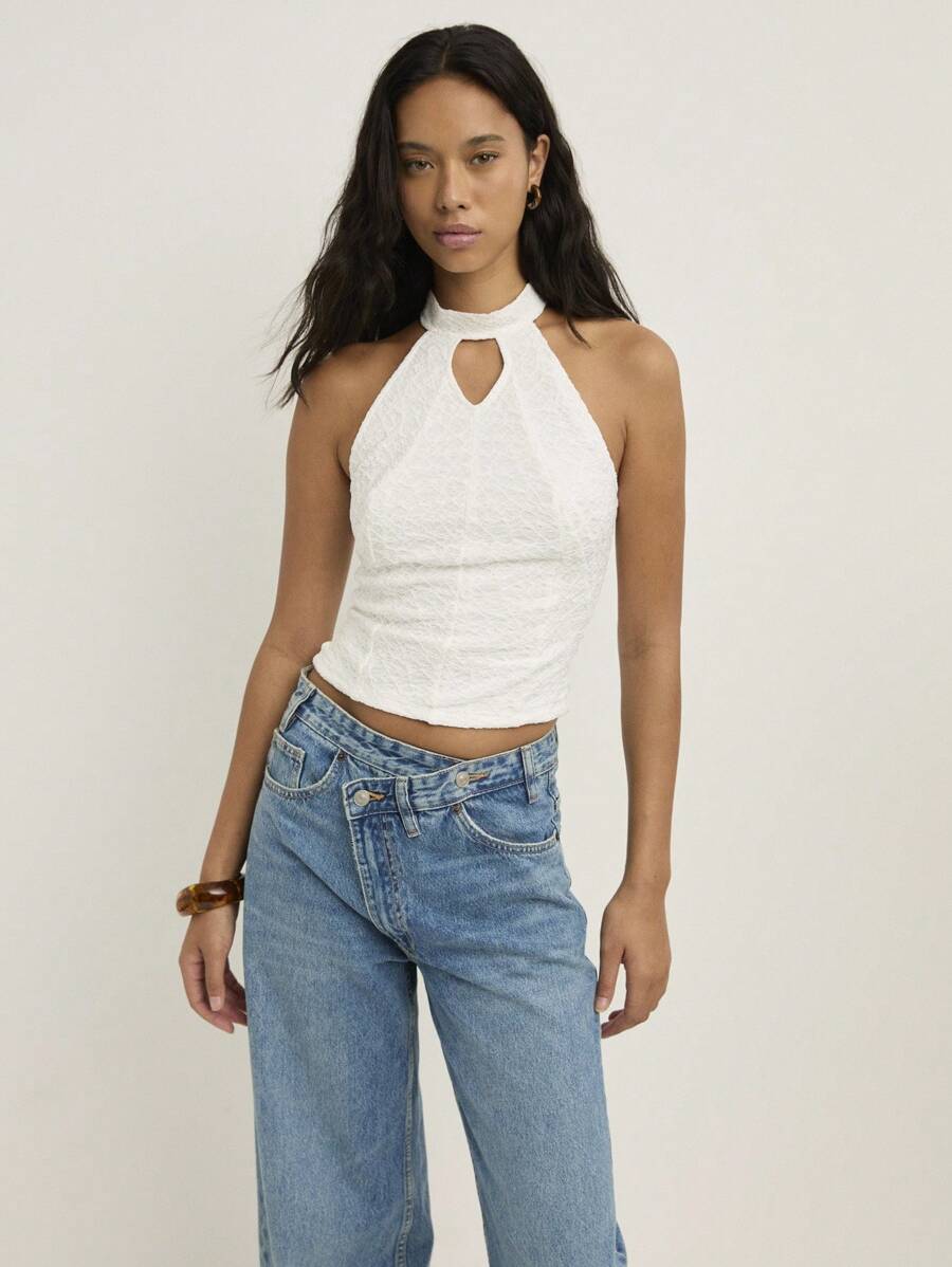 Nöista 白色纹理露背上衣，锁孔领口，修身版型 - 白色 - 查看 1