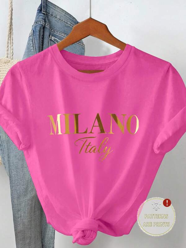 Plus Size Women's Letter Print Short Sleeve Casual Round Neck T-Shirt