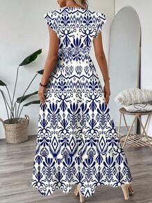 SHEIN LUNE 褶皱荷叶边飘逸袖收腰喇叭豹纹连衣裙，休闲度假优雅飘逸波西米亚风女装，适合春夏季 - 彩色 - 查看 3