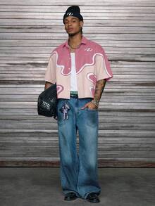 AXEPEAK 男式宽松翻领短袖数码印花衬衫 - 粉色 - 查看 4