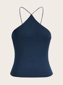 SHEIN BASICS Solid Color Halter Neck Top/Summer - Navy Blue - View 2