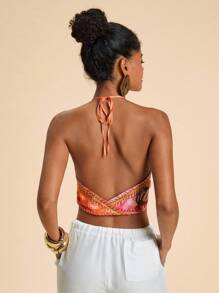 Travachic Top halter bohemio vibrante de tela tejida con diseño de estampado aleatorio llamativo para ropa de playa de otoño e invierno - Multicolor - Ver 2