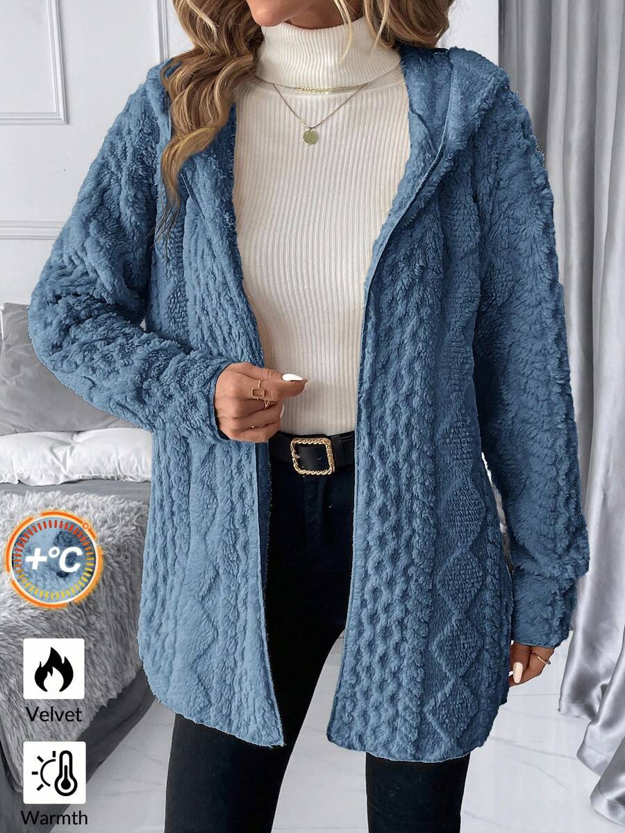 SHEIN Clasi Women's Solid Color Minimalist Daily Long Sleeve Hooded Textured Fleece Jacket In Fall/Winter - Dusty Blue - View 1