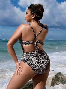 Swim SXY Plus Size Women's One-Piece Leopard Print Halter Backless Sexy Swimsuit, Casual Beach Holiday