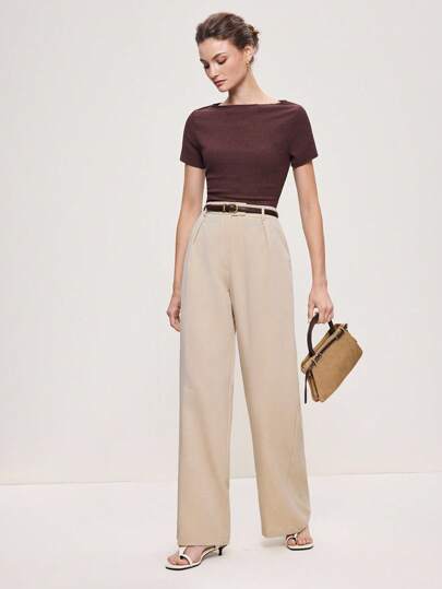 BizChic 2025秋冬新款卡其色褶皱腰侧口袋女士西装裤，现代优雅都市商务休闲办公装，适合约会、派对、郊游、机场、浪漫乡村音乐会、老钱风格、韩国机场时尚、婚礼嘉宾、生日、万圣节、圣诞节