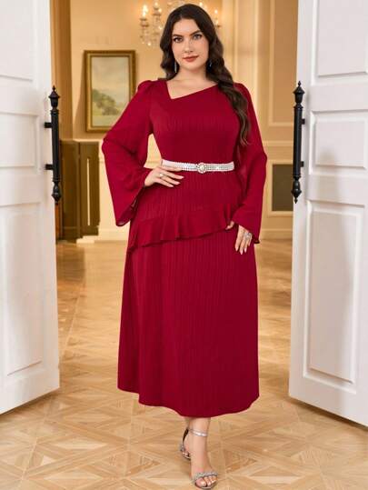 Modelyn 优雅简约纯色不对称领大码连衣裙