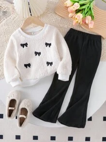 2pcs Girls Casual Everyday Outfit, Autumn/Winter, Fluffy Top With Lavender Bow Embroidery & Flare Pants Set Girls Winter Set Girls Sweater Set Bow Detail Set Girls Two Pieces Set Young Girl Clothes Fall - Black - View 1