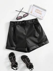 SHEIN Tween Girl Rolled Hem Belted PU Leather Shorts - Black - View 1