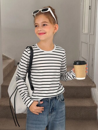 Easowa Tween Girls' Regular Stripe Long Sleeve T-Shirt, Casual For Spring/Autumn