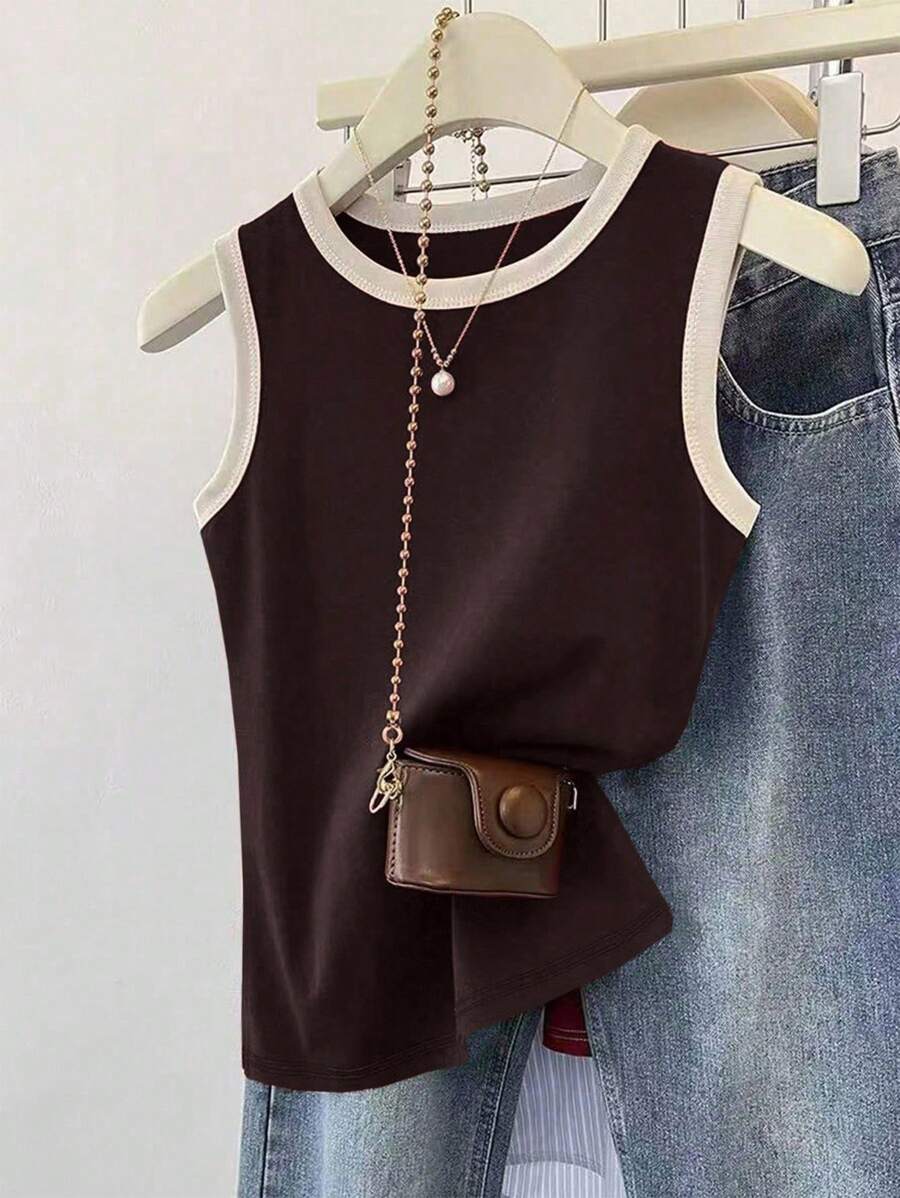 INAWLY Women's Plus Size Ribbed Crew Neck Casual Loose Fit Tank Top - Brown - View 1