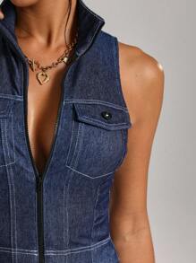 Flexra Women's Stand Collar Zip Front Fitted Denim Vest Jacket - Dark Wash - View 9