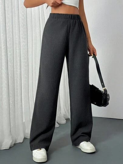 EURMUSE Women Solid Color Textured Detailed Wide Leg Pants