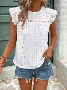 SHEIN Frenchy Eyelet Embroidery Ruffle Trim Round Neck Lace Trimmed Tee