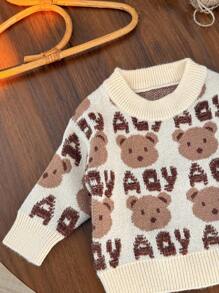 SHEIN Unisex Toddler 3D Bear & Letter Intarsia Knit Pullover Sweater Autumn Winter Clothes FoGirlen - Beige - View 6