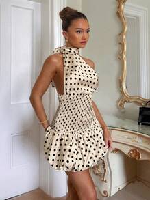 Glamine Charm Đầm bodycon hở lưng chấm bi cổ điển thanh lịch dành cho nữ, phù hợp với váy mùa xuân, váy đi biển, váy mùa hè, váy dạ hội, váy bodycon, váy lãng mạn, phù hợp cho các buổi hẹn hò hàng ngày, ngày lễ, bãi biển, hộp đêm, tiệc tùng - Màu be - Xem 5
